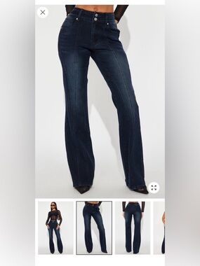Fashion Nova Woman’s Dark Indigo Flare Moto Jeans